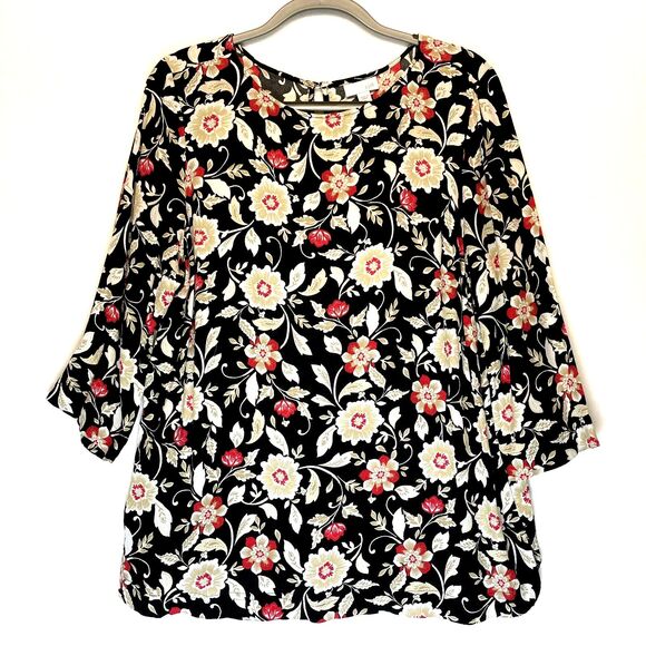 J. Jill Tops - J Jill Top Size Large Tunic 3/4 Sleeve Floral Black 100% Viscose